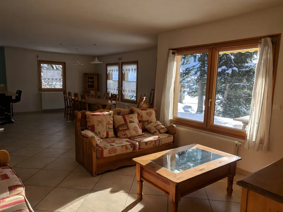 Salon avec poêle à bois et canapé convertible – Gîte Edelweiss (1)