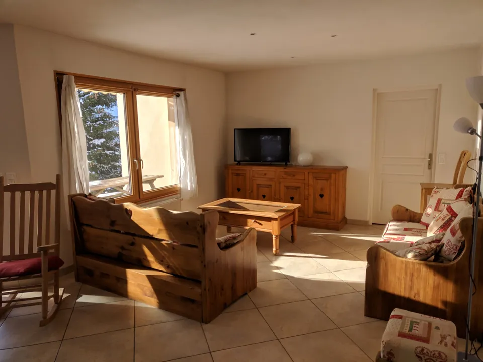Salon avec poêle à bois et canapé convertible – Gîte Edelweiss (3)
